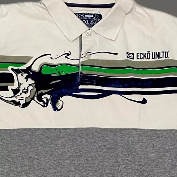 ECKO UNLTD Mens Size XXL White Gray 100% Cotton Graphic Polo Shirt Collared - Picture 2 of 7